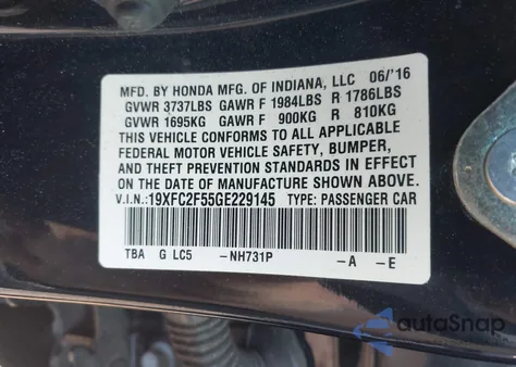 2016 Honda Civic Lx from USA, damaged, VIN 19XFC2F55GE229145